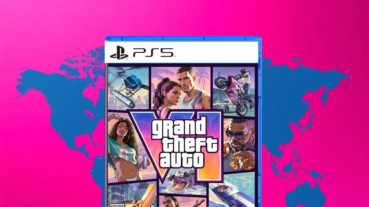 Boks fisik GTA 6 untuk konsol PS5 dengan latar belakang peta dunia