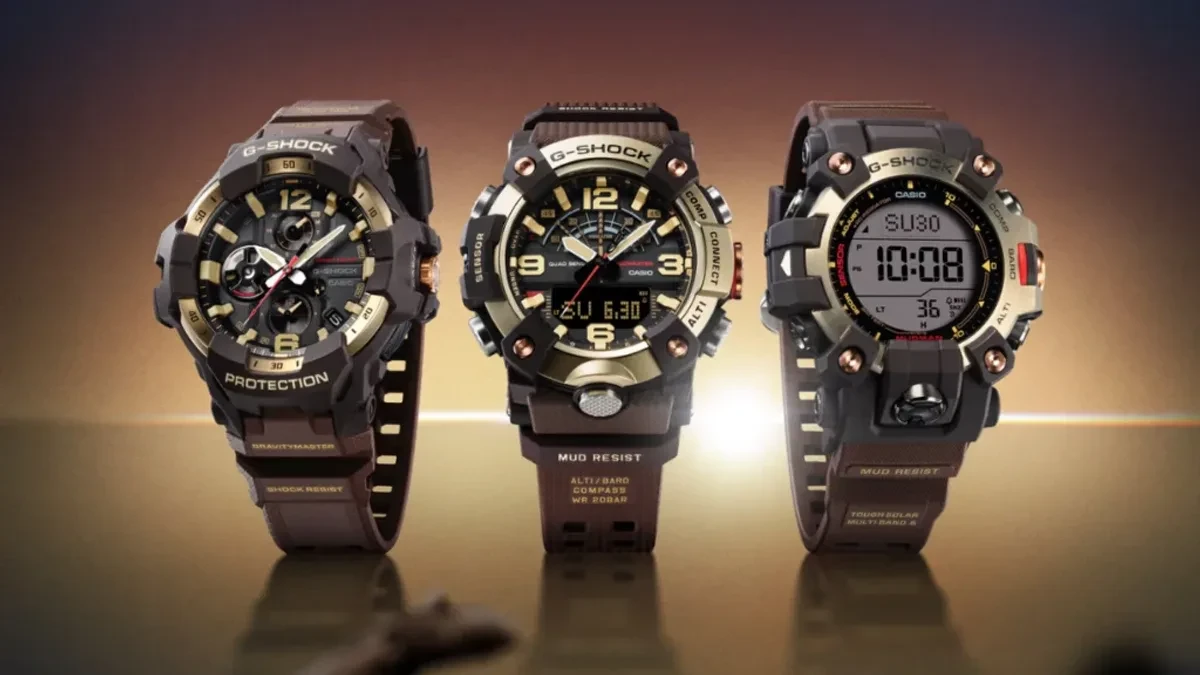Koleksi jam tangan Casio Master of G edisi Horizon Gold dengan bezel emas dan tali resin cokelat