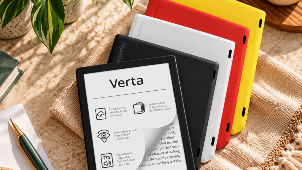 Tampilan e-reader PocketBook Verta dengan bodi tipis dan layar sentuh