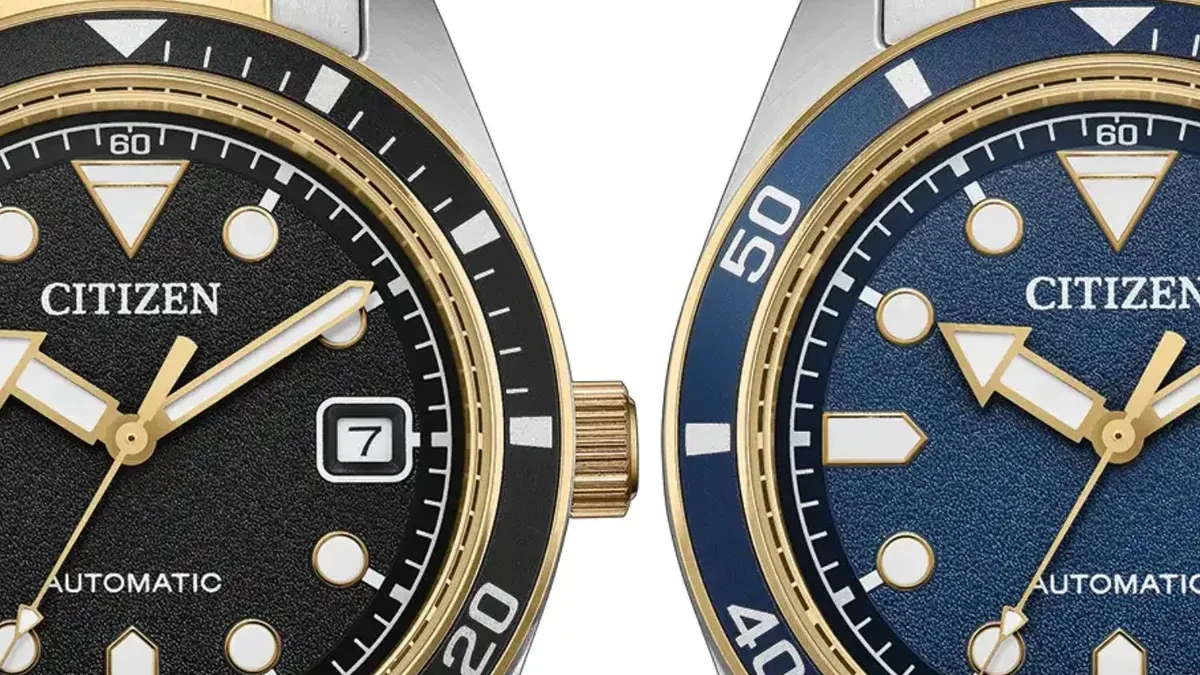 Jam tangan otomatis Citizen dua warna dengan dial hitam dan biru