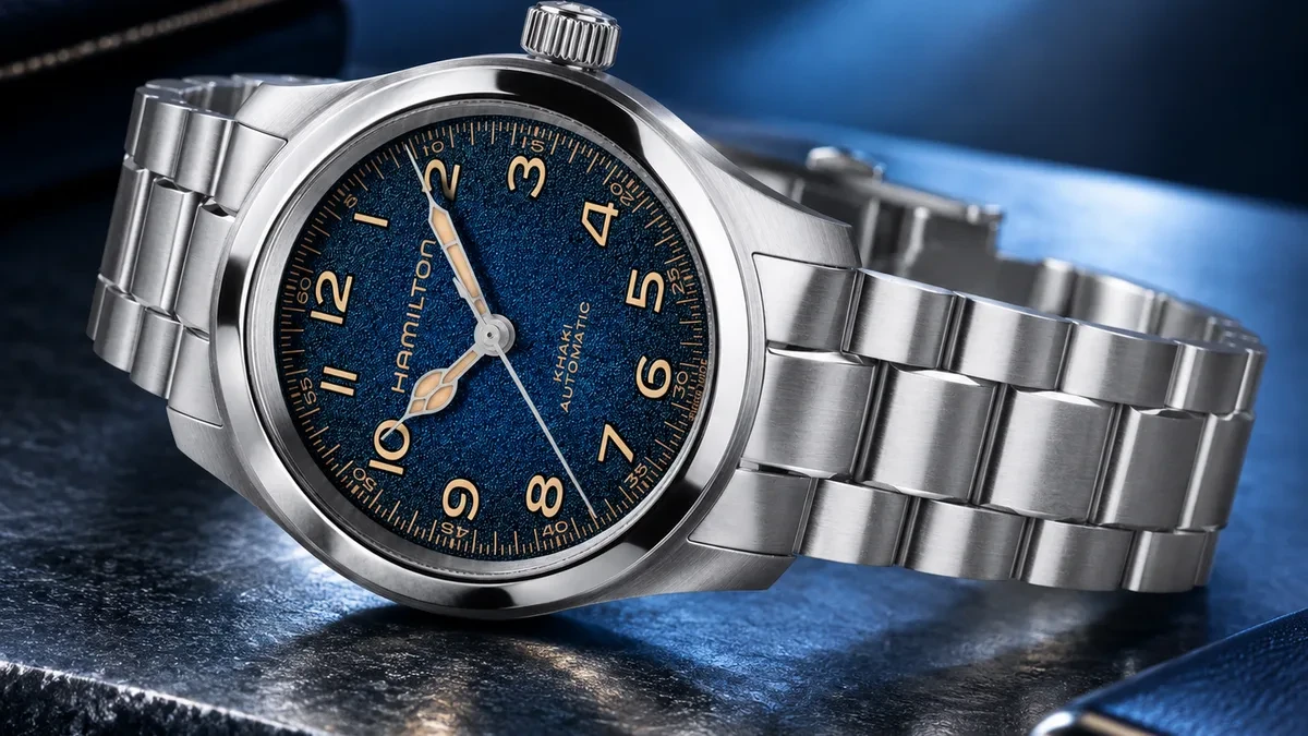 Hamilton Khaki Field Murph 38mm dengan dial gradasi biru hitam dan rantai stainless steel