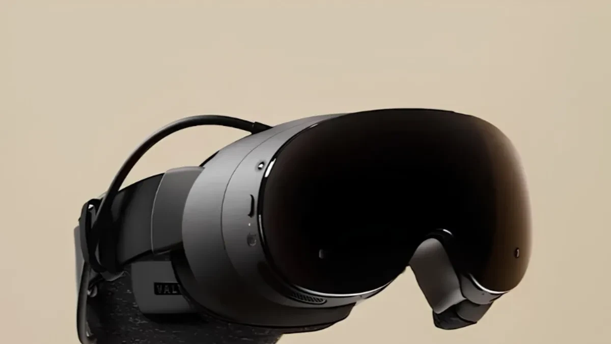 Ilustrasi perangkat headset virtual reality Valve Steam Frame untuk PC gaming
