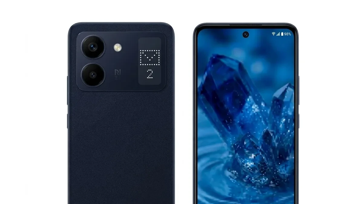 Render bodi belakang HMD Pulse 2T Pro yang memperlihatkan layar sekunder ticker