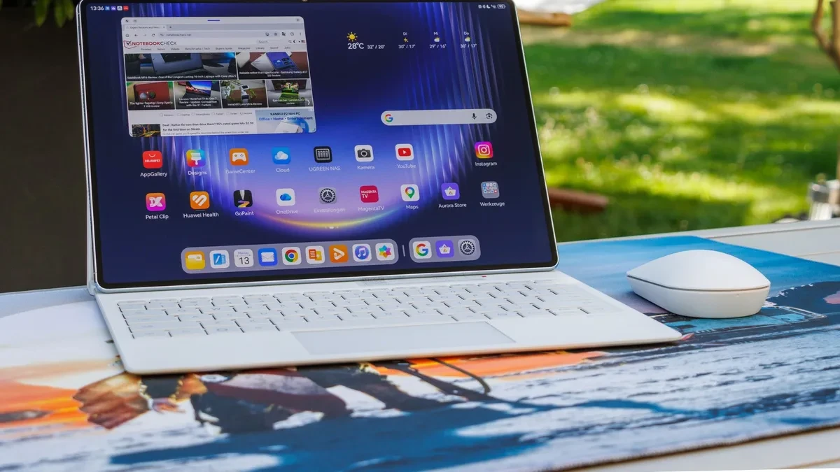 Huawei MatePad Pro Max dengan keyboard dan stylus di meja kerja