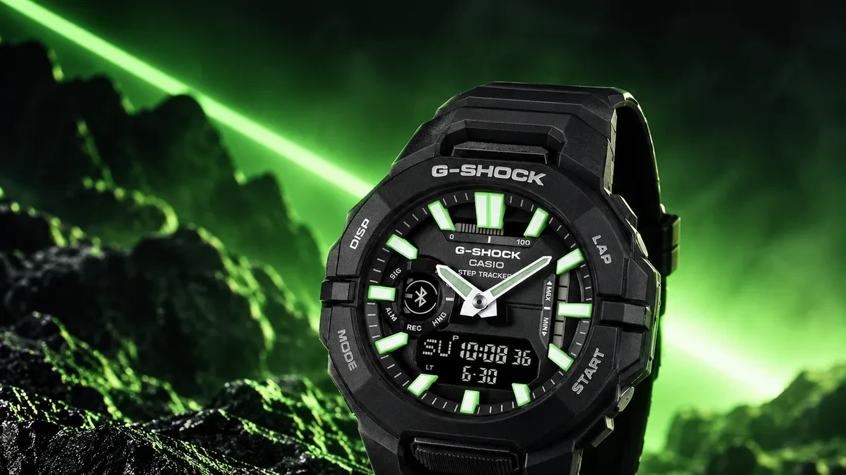 Tampilan jam tangan olahraga Casio G-Shock GBA-950-1A dengan dial hitam dan tali bio resin