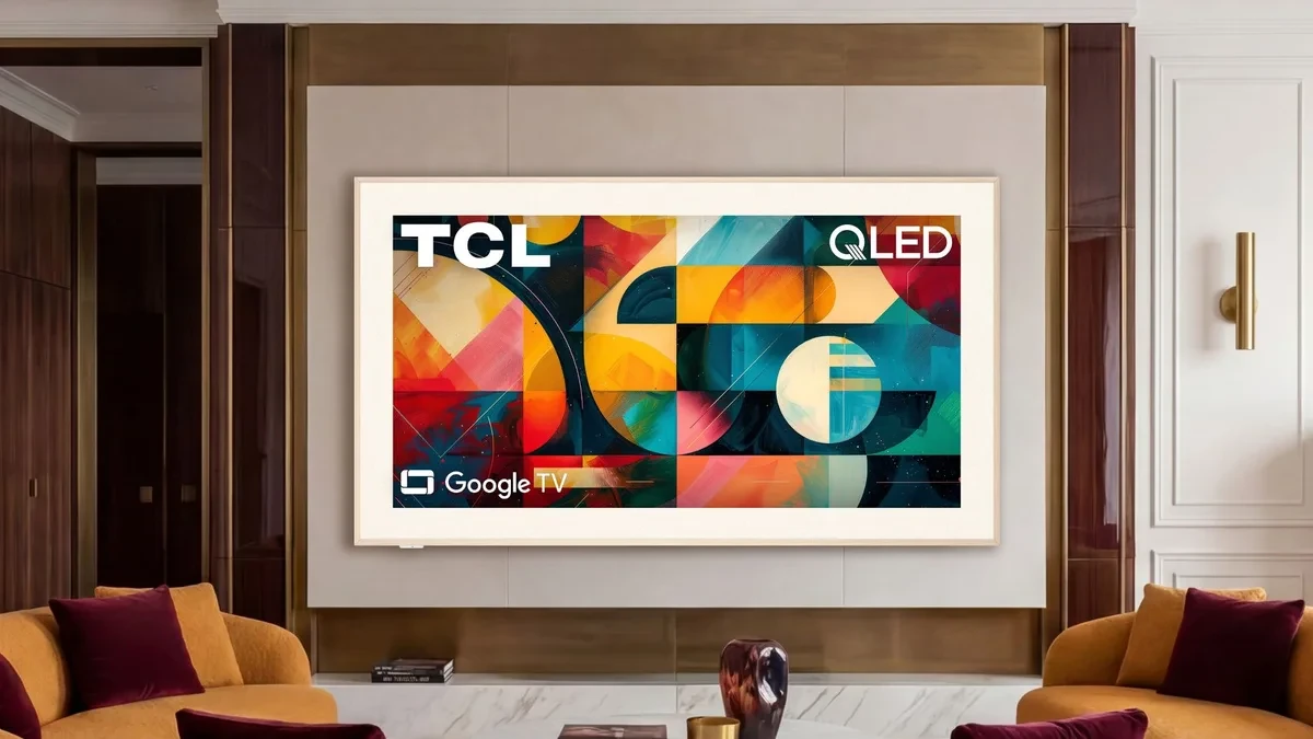 Televisi TCL Designer Series terpasang rata di dinding menampilkan mode galeri seni digital