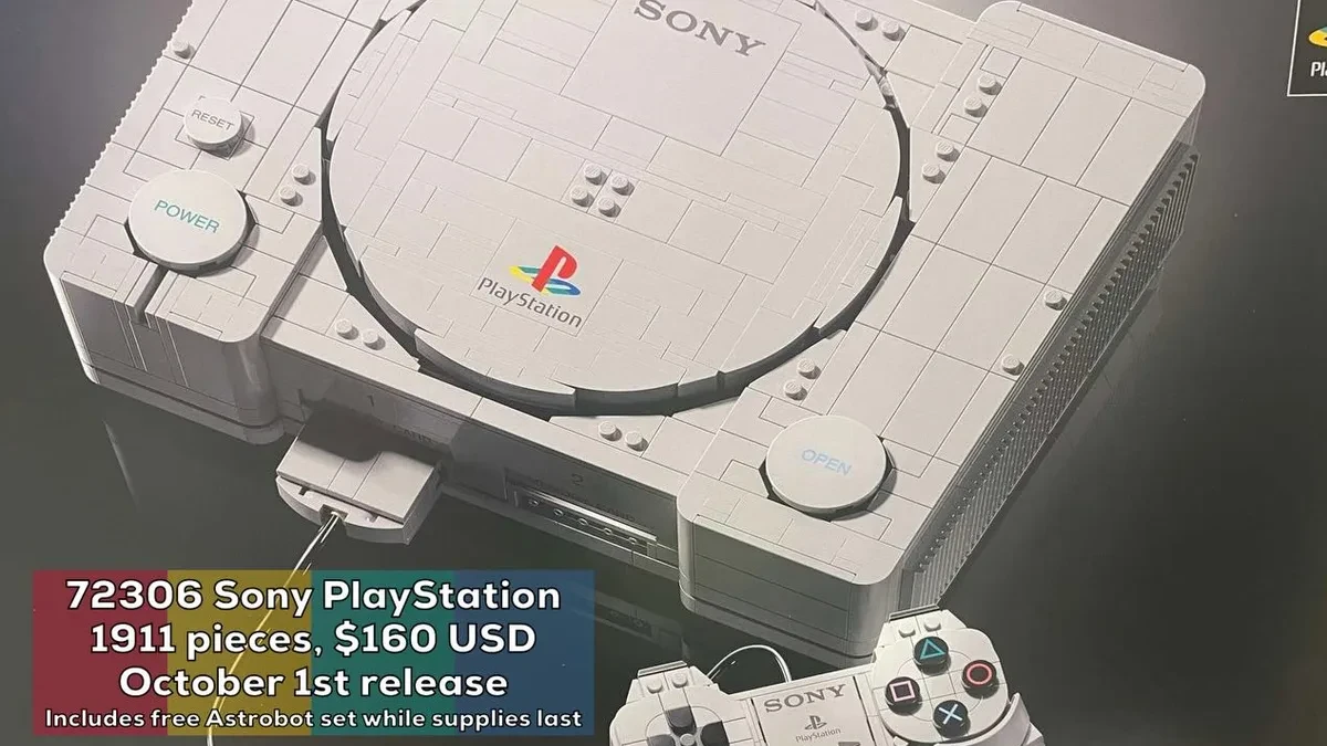 Replika konsol Lego PlayStation 1 dengan detail diorama Gran Turismo
