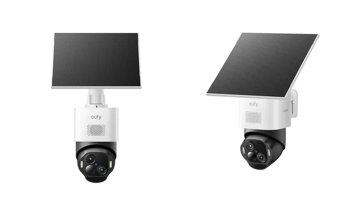Kamera pengawas luar ruangan eufy SoloCam E50 dengan dua lensa 4K dan panel surya