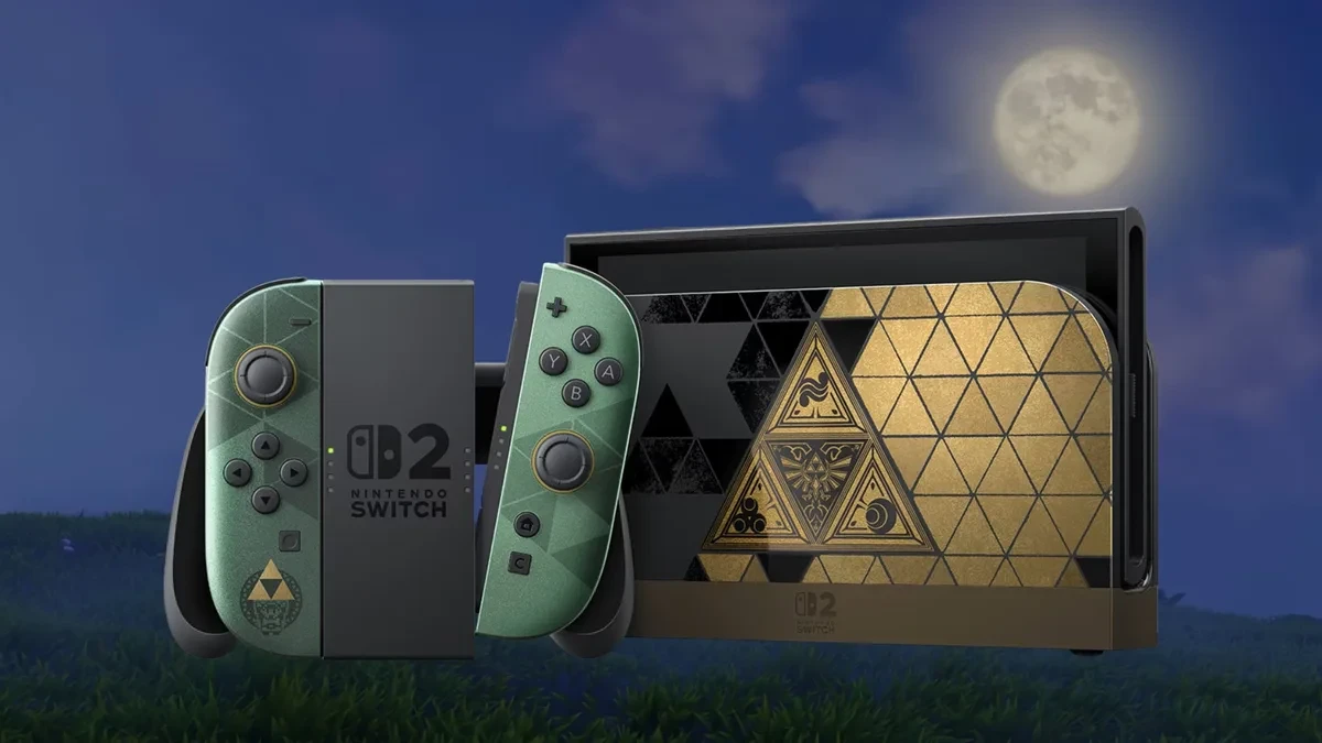 Konsol genggam Nintendo Switch 2 Zelda 40th Anniversary berbalut aksen emas dan hitam