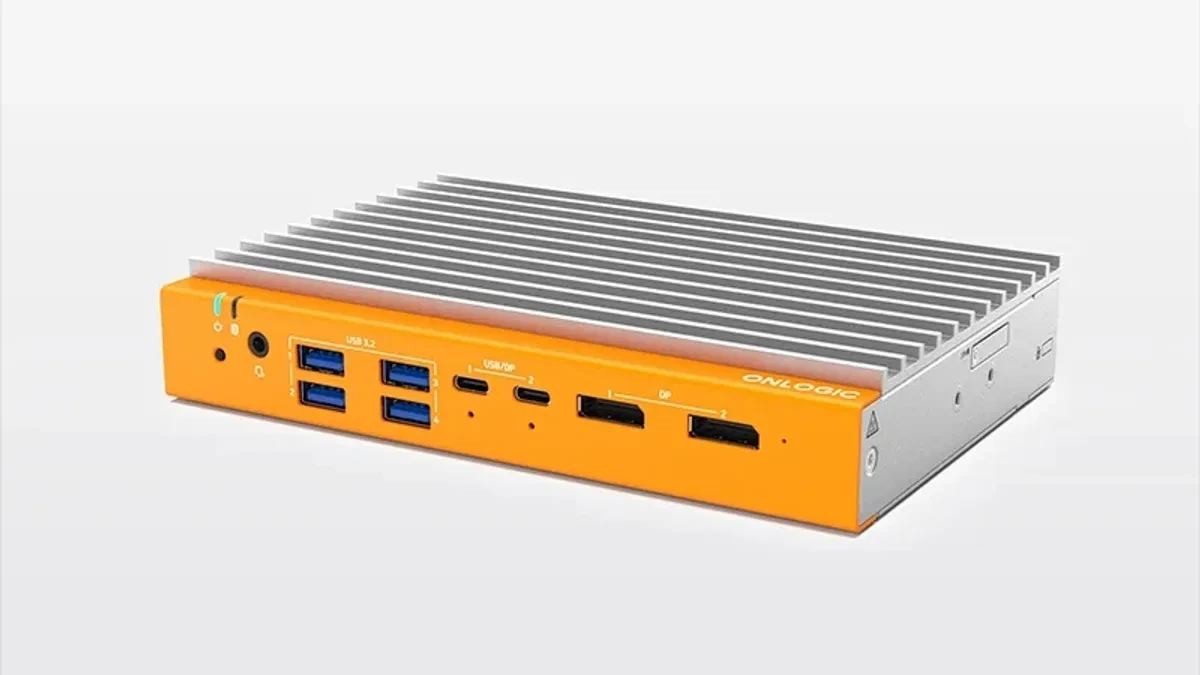 OnLogic Helix 320 fanless mini PC tampak depan dan atas