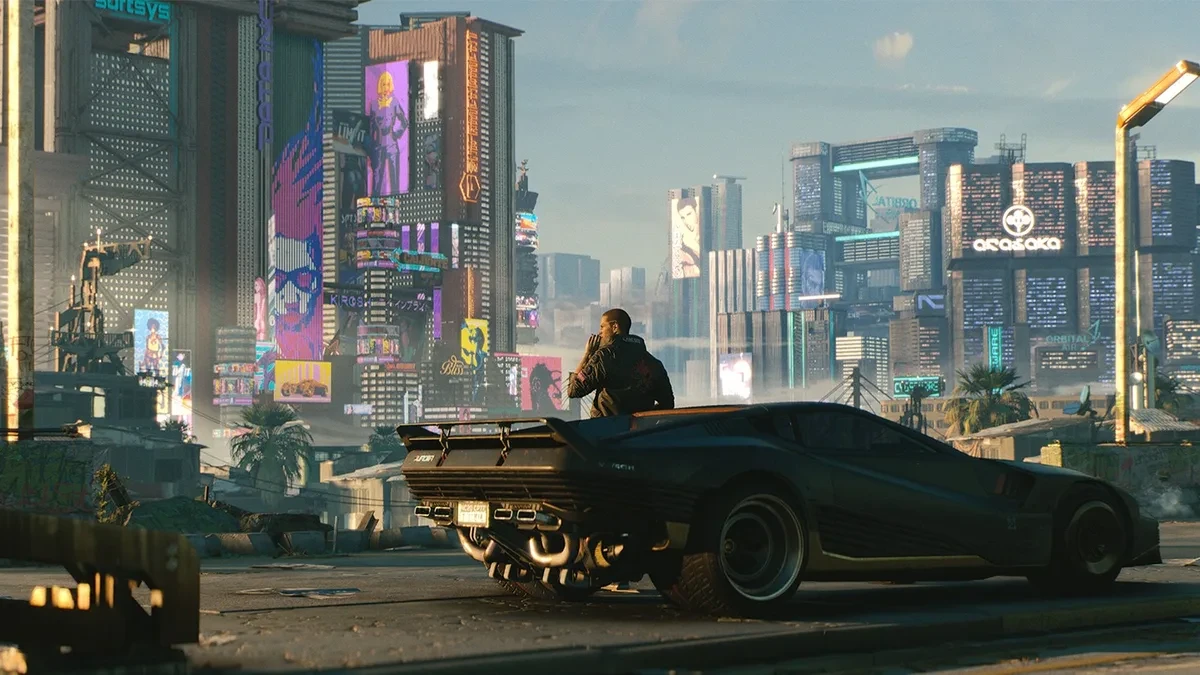 Visual latar kota distopia Night City dari semesta game Cyberpunk 2077