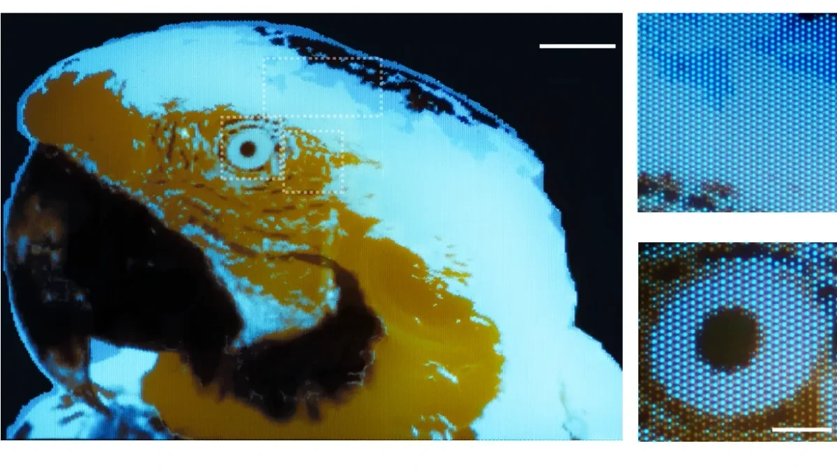 Mikrograf uji coba piksel polimer OLED ETH Zurich membentuk gambar burung makau