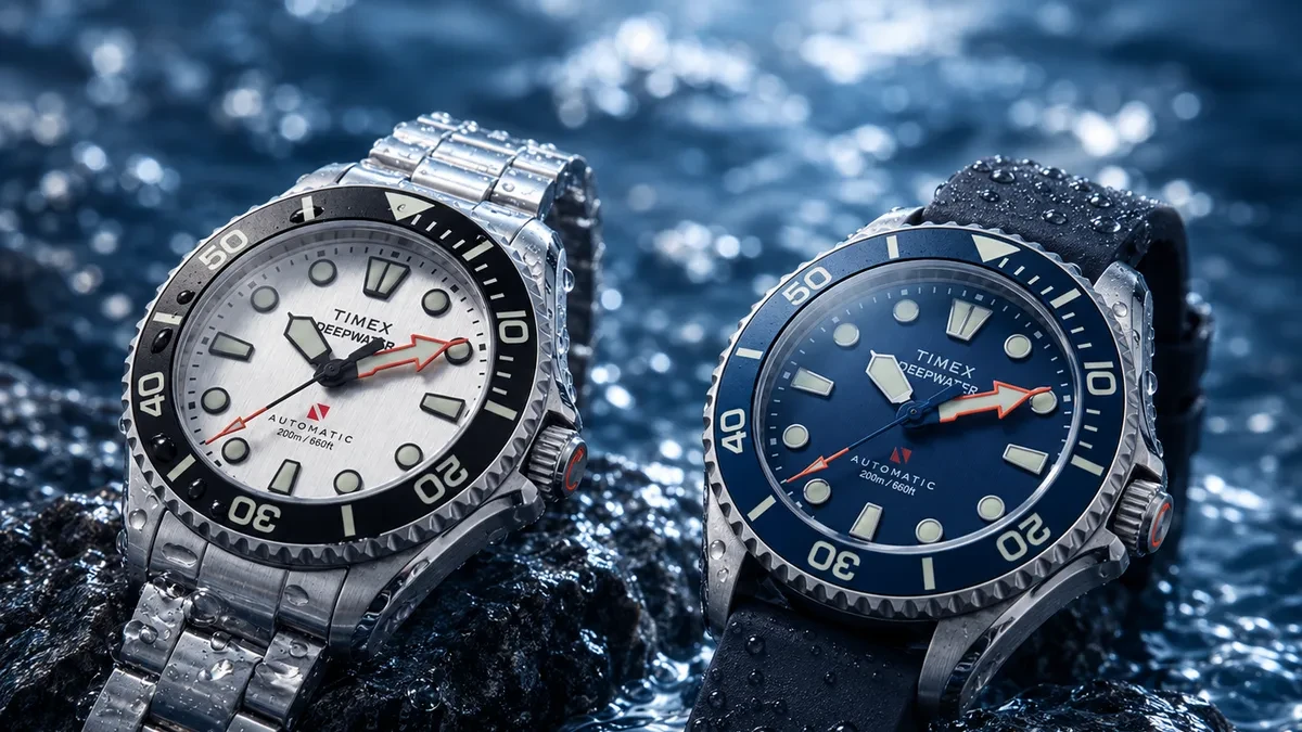 Jam tangan selam otomatis Timex Deepwater Meridian 200 HEV dengan katup helium dan kaca safir