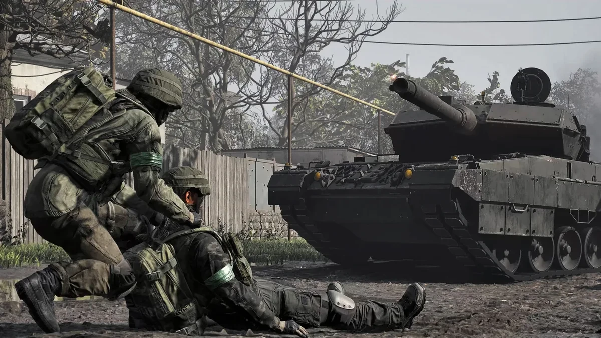 Ilustrasi medan tempur masif game WARDOGS dengan kendaraan lapis baja dan infanteri