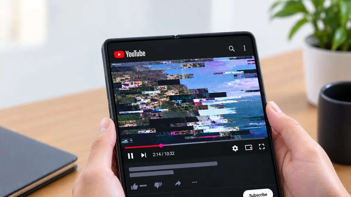 Tampilan aplikasi YouTube pada perangkat Samsung Galaxy Z Fold yang mengalami kendala pemutaran video