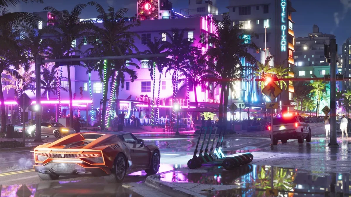 Tangkapan layar GTA 6 menampilkan refleksi ray tracing di jalanan Vice City
