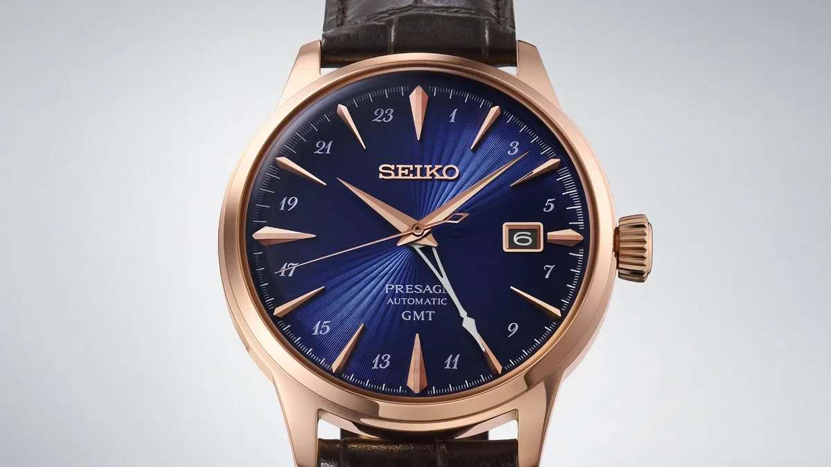 Seiko Presage Cocktail Time GMT varian warna biru dan emas mawar