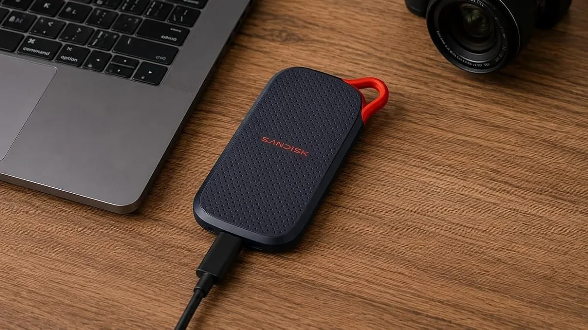 SanDisk Portable SSD E31 berukuran saku dengan pengait sudut kokoh