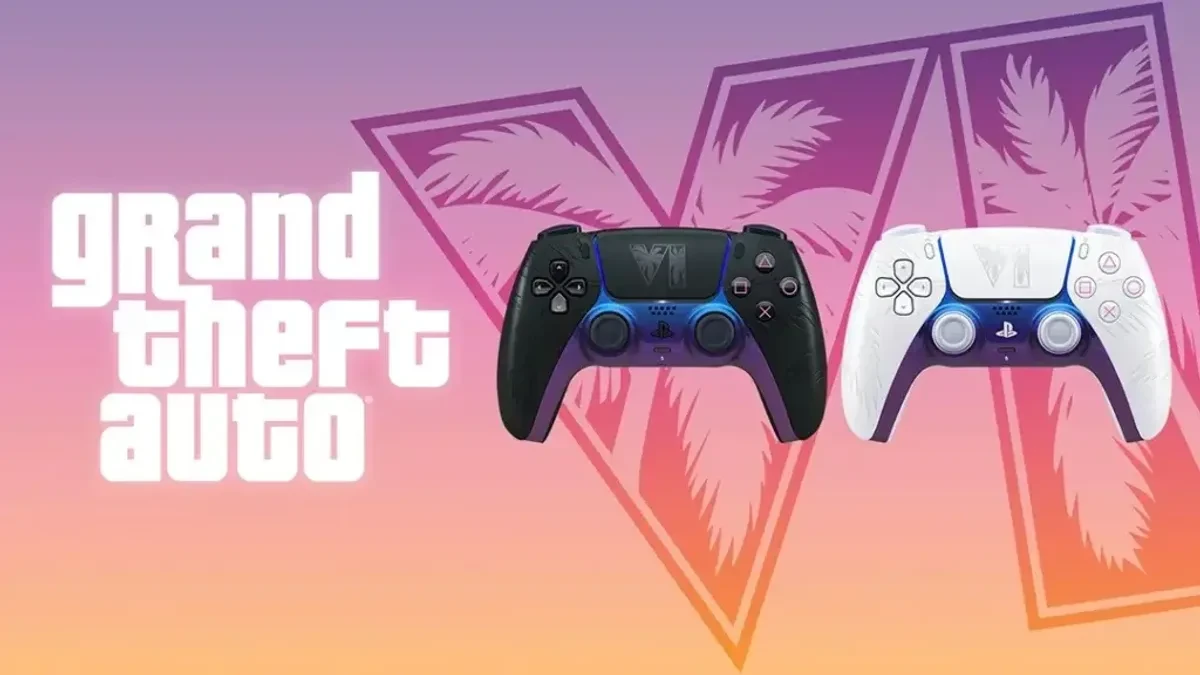 Stik kendali DualSense PS5 edisi khusus GTA VI warna hitam dan putih bertema Vice City