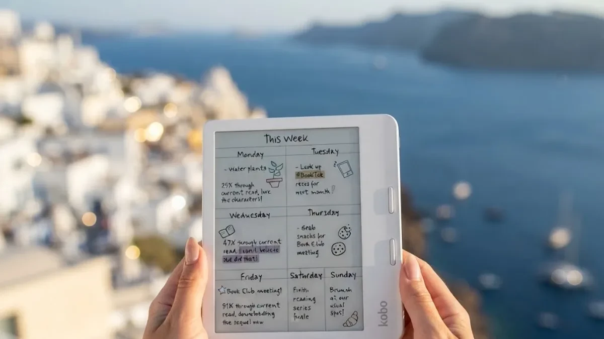 Layar e-reader Kobo Libra Colour yang menampilkan halaman buku digital berwarna