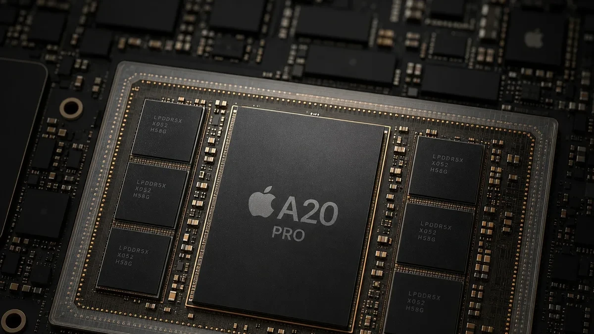 Ilustrasi chipset Apple A20 Pro dan pengujian benchmark Geekbench 7