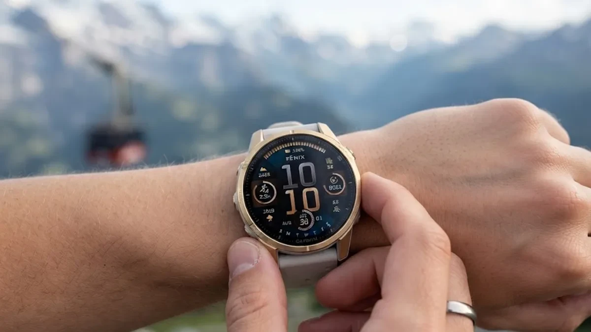 Garmin Fenix 8 tampak depan dengan layar menyala menunjukkan tampilan data olahraga