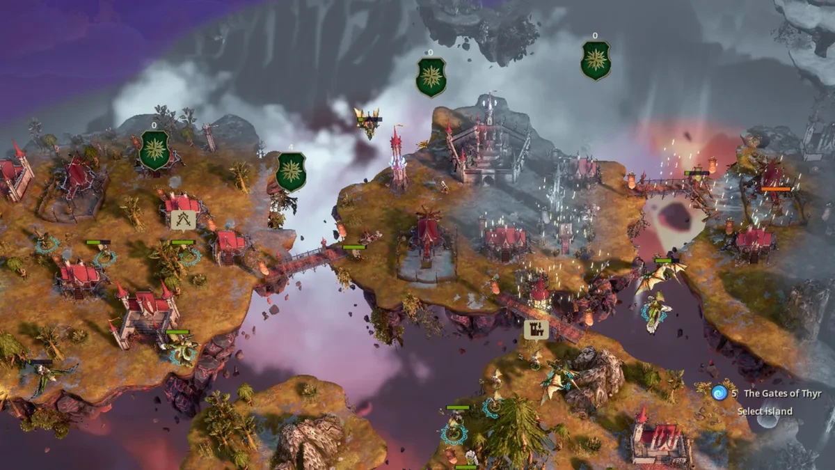 Tampilan gameplay Driftland The Magic Revival menunjukkan pulau melayang dan bangunan strategi