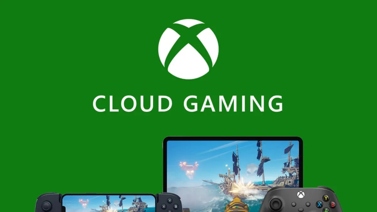 Logo Xbox Cloud Gaming pada layar perangkat portabel dan kontroler