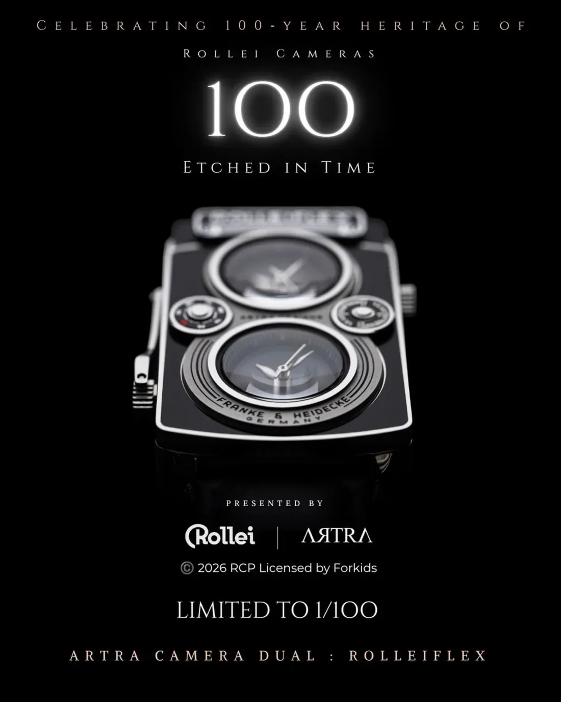 Detail dua dial unik Artra Designs Rolleiflex Camera Dual Watch