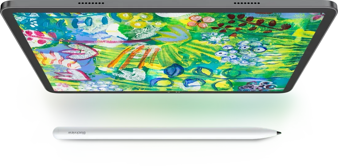 Layar tablet Blackview Zeno 6 menampilkan gambar dengan pena stylus di depan