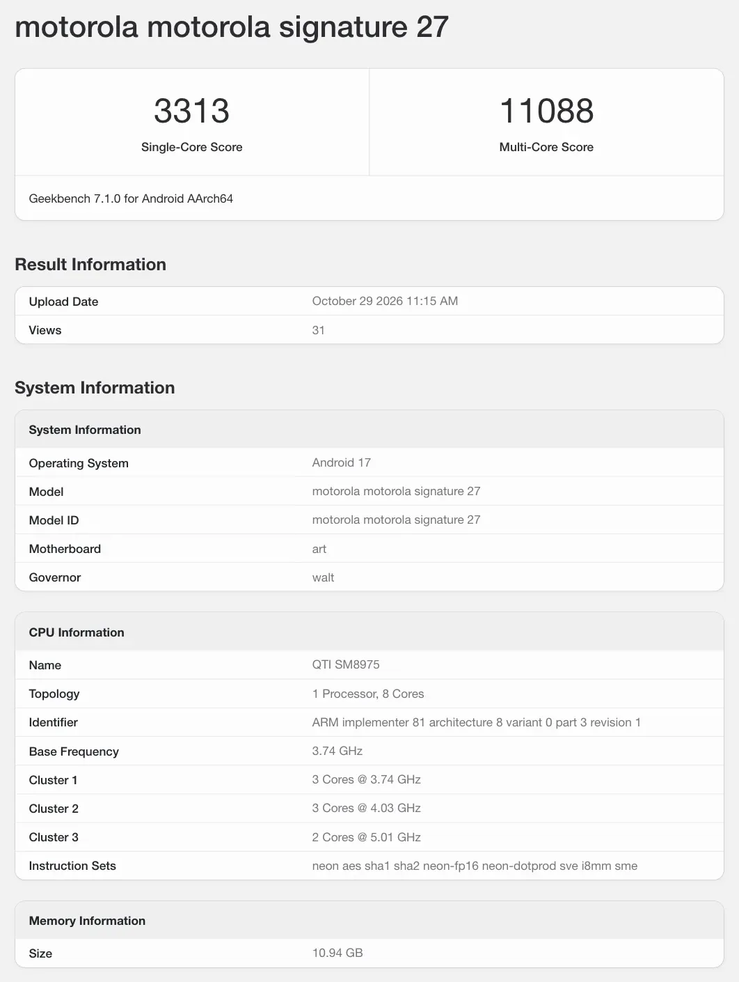 Tangkapan layar skor pengujian Geekbench 7.1 Motorola Signature 27