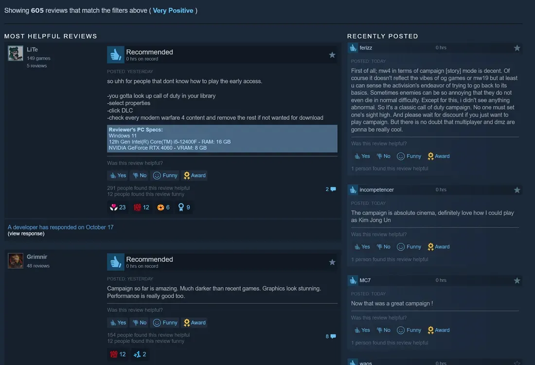 Tampilan skor ulasan positif Call of Duty Modern Warfare 4 di Steam
