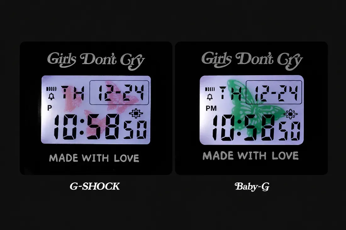 Tampilan lampu latar backlight kupu-kupu merah muda pada G-Shock dan hijau pada Baby-G VERDY