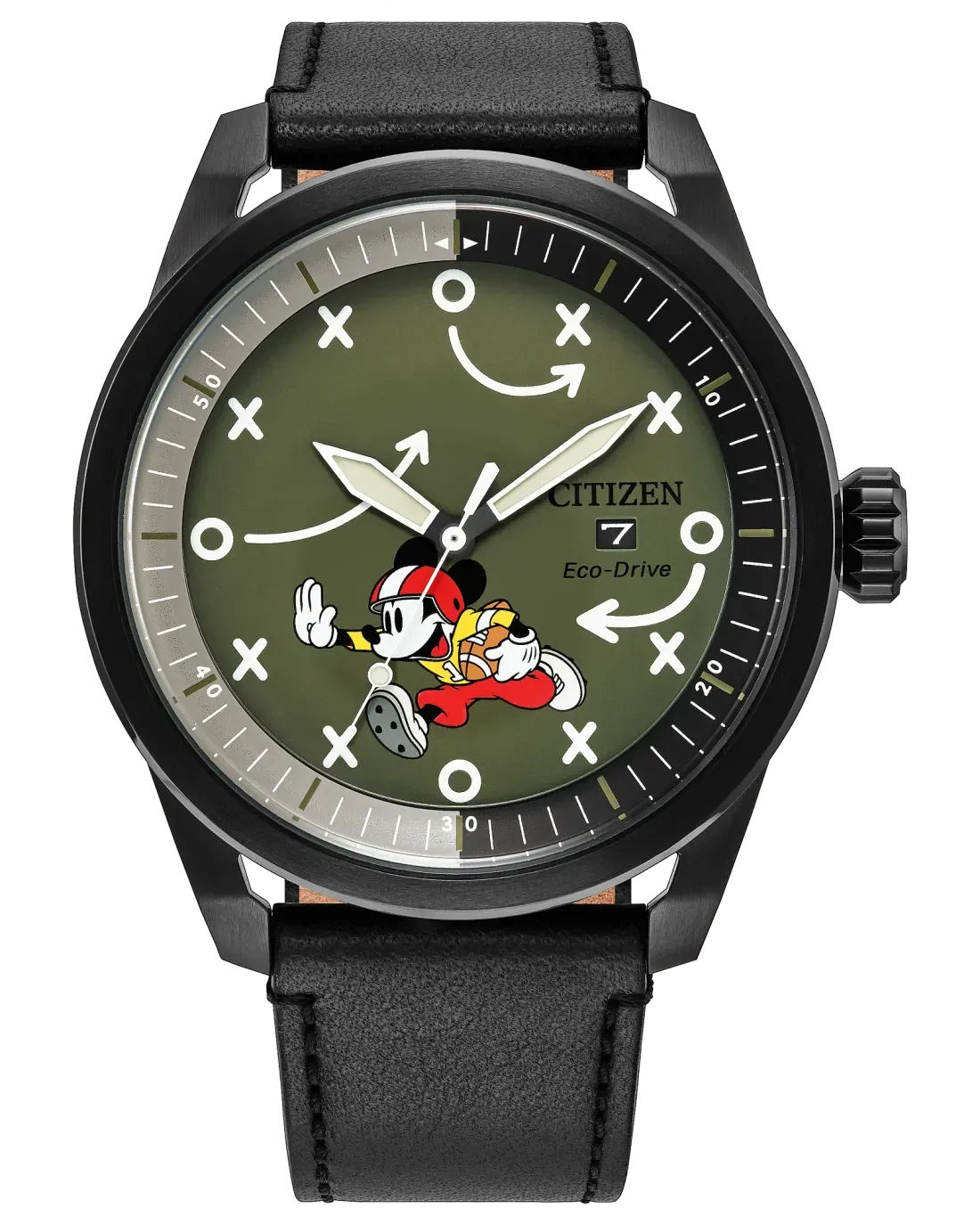 Tampilan dial hijau zaitun Citizen Touchdown Mickey AW1739-02W