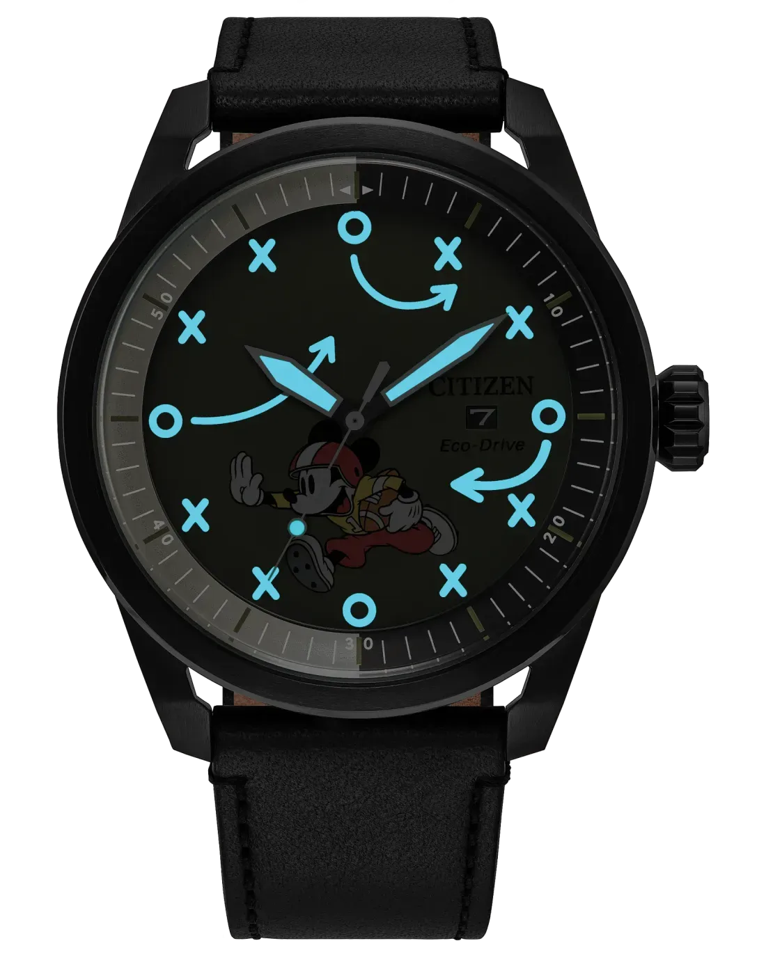Nyala lume biru fosfor Citizen Touchdown Mickey AW1739-02W dalam gelap