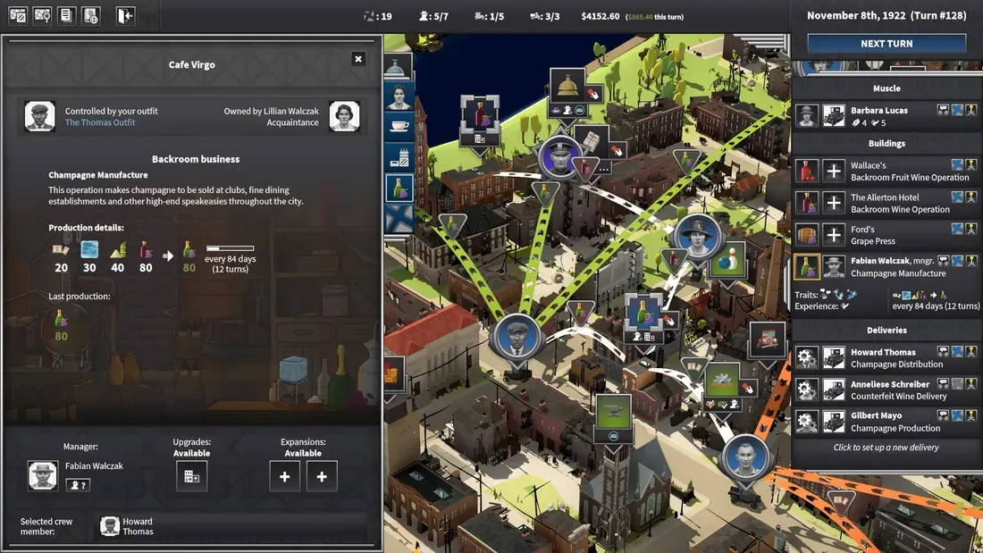 Tampilan antarmuka dan peta kota dalam game City of Gangsters
