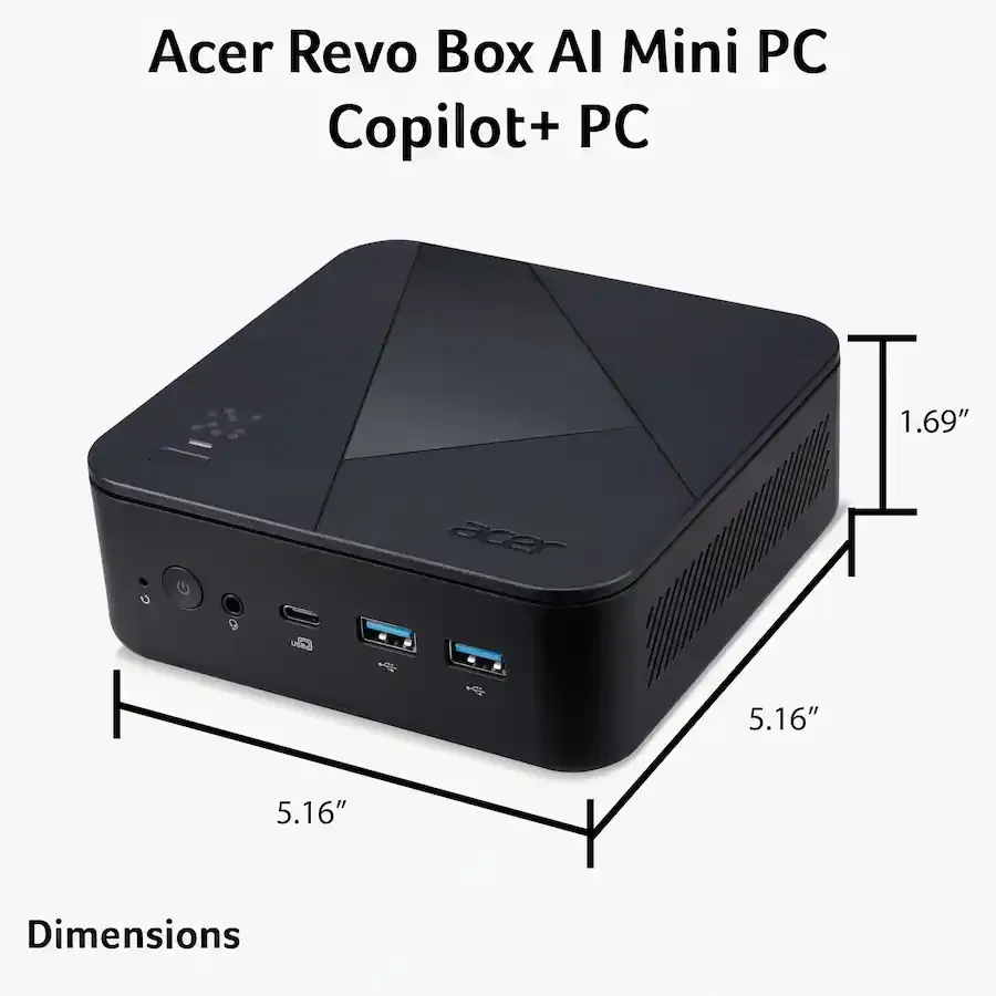 Ilustrasi dimensi bodi ringkas dari mini PC Acer Revo Box AI