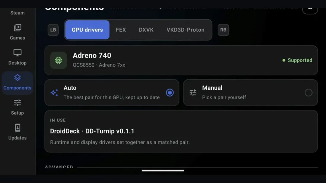 Pengaturan driver GPU DroidDeck pada perangkat seluler