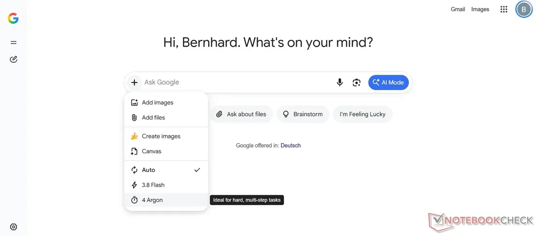 Tampilan antarmuka AI Mode pada Google Search yang menyediakan opsi model Gemini 4 Argon
