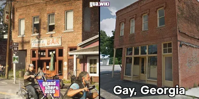 Perbandingan bar berbata merah di GTA 6 dengan bangunan asli di Gay Georgia