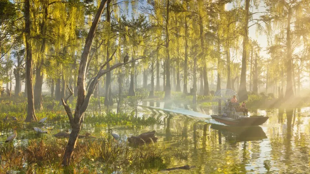 Dua pria bersenjata menaiki perahu airboat di rawa Grassrivers GTA 6