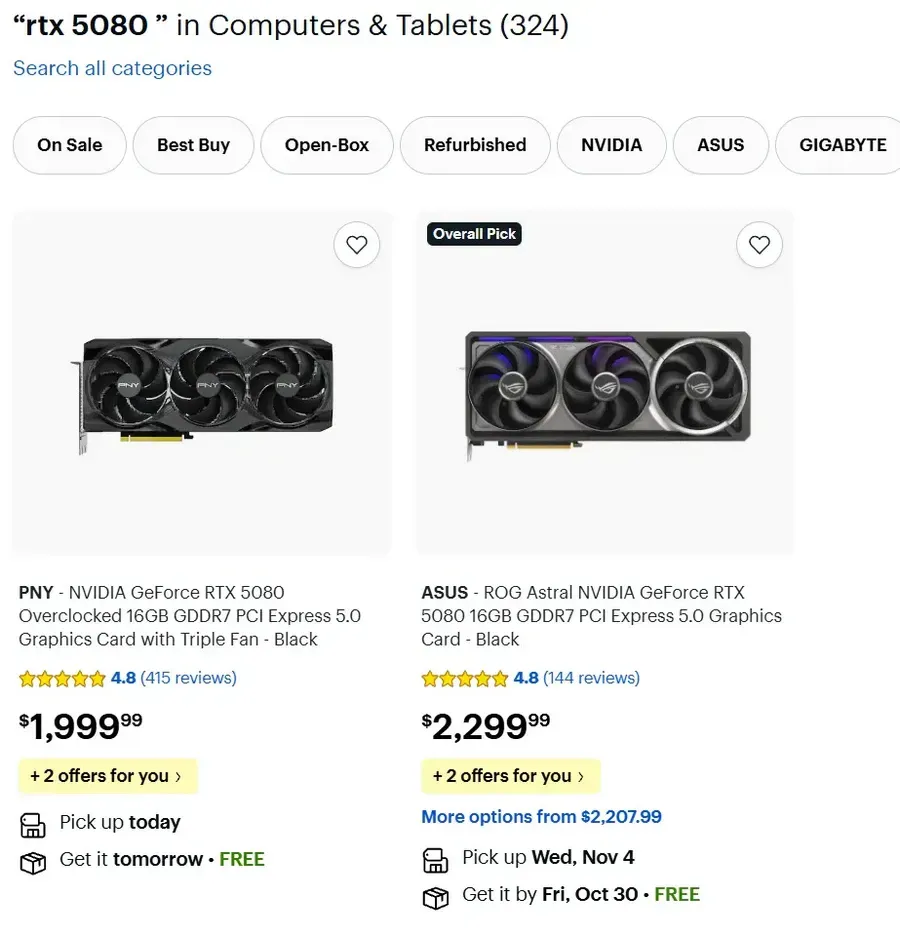 Grafik lonjakan harga Nvidia GeForce RTX 5080 di ritel Amerika Serikat
