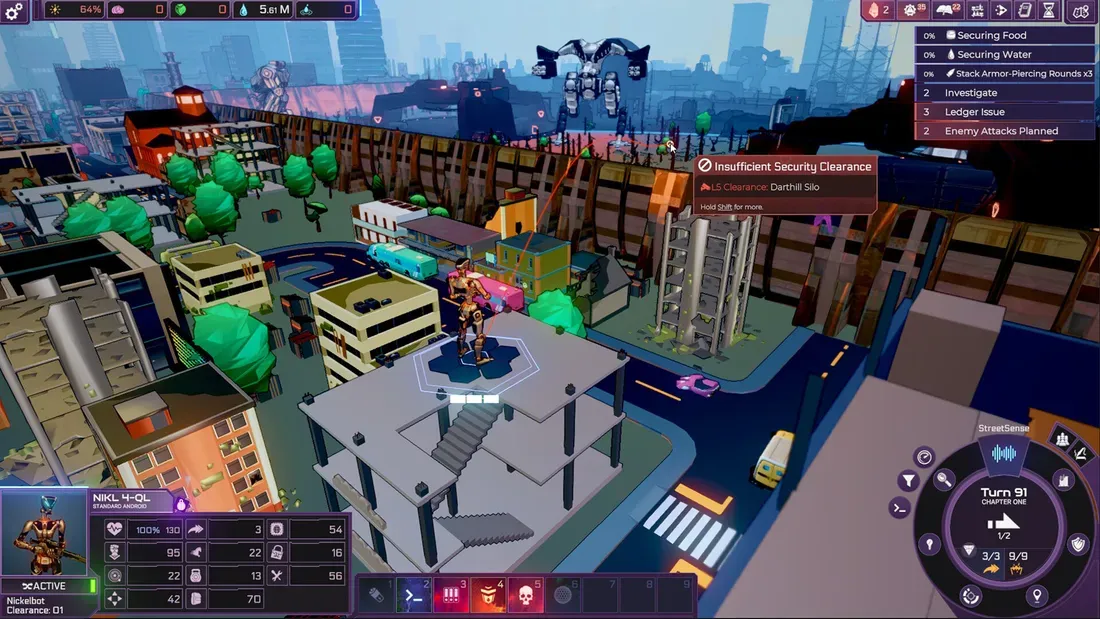 Tangkapan layar gameplay Heart of the Machine memperlihatkan kota cyberpunk dan unit robot