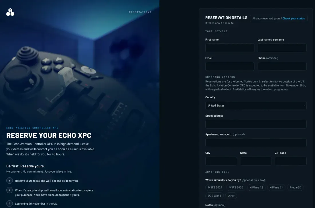 Desain bagian belakang Honeycomb Echo Aviation Controller XPC