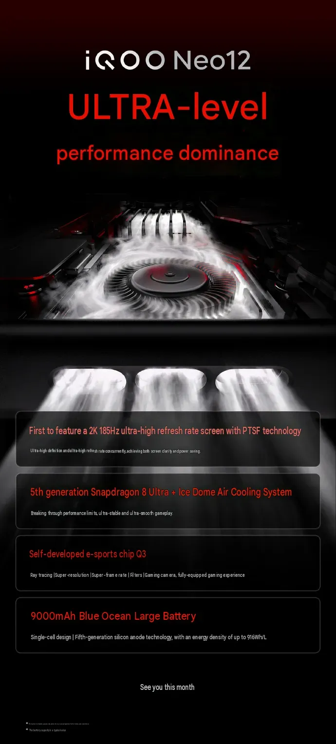 Poster spesifikasi utama iQOO Neo 12 dengan Snapdragon 8 Elite Gen 5 dan layar 185Hz