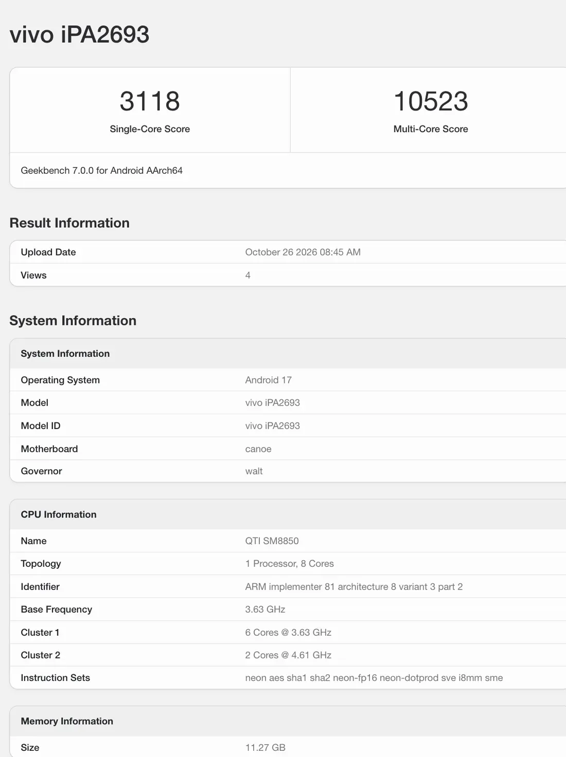 Lembar skor benchmark Geekbench untuk tablet iQOO Pad Pro