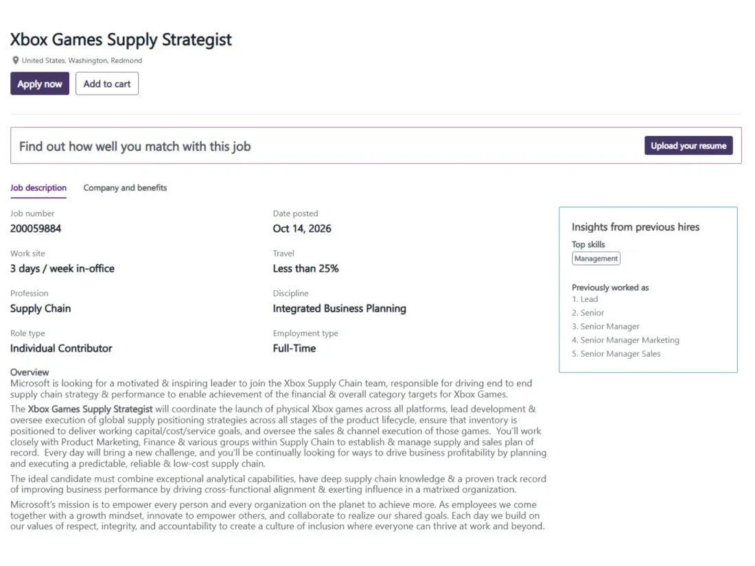 Tangkapan layar lowongan kerja Xbox Games Supply Strategist di situs resmi Microsoft
