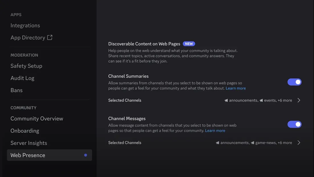 Menu pengaturan Server Settings Web Presence untuk admin server Discord