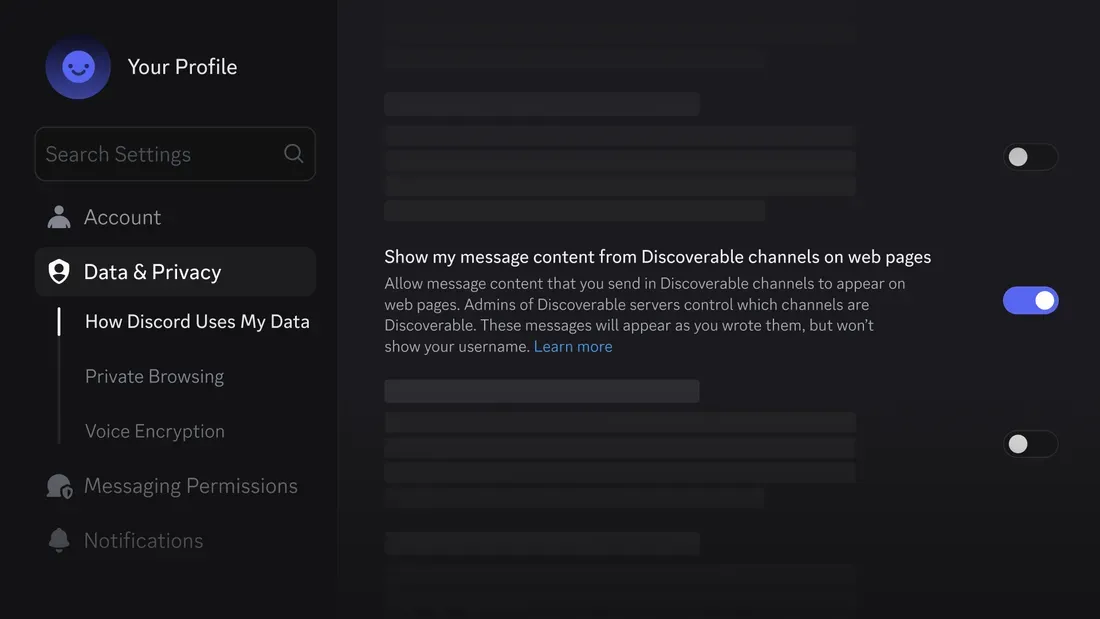 Opsi mematikan keterpaparan pesan pengguna Discord di menu Data & Privacy