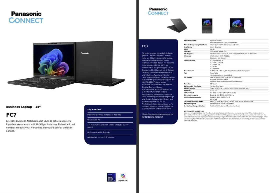 Daftar spesifikasi teknis Panasonic Let's Note FC7 dengan prosesor Intel Panther Lake